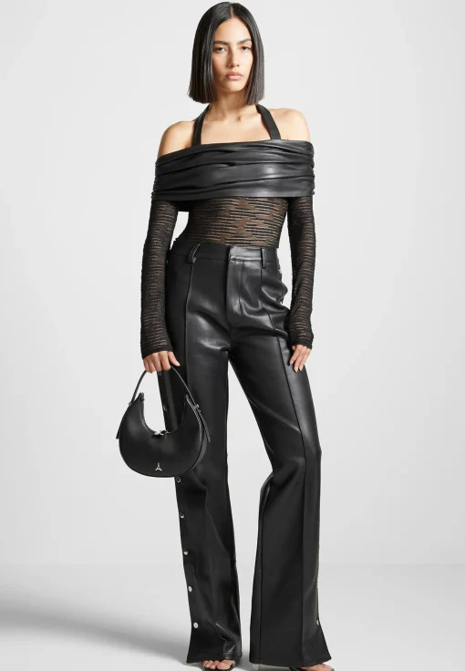 Mesh and Vegan Leather Bardot Bodysuit - Black