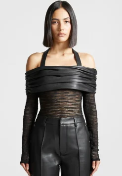 Mesh and Vegan Leather Bardot Bodysuit - Black