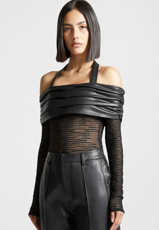 Mesh and Vegan Leather Bardot Bodysuit - Black