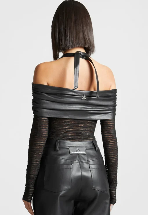 Mesh and Vegan Leather Bardot Bodysuit - Black