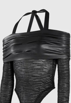 Mesh and Vegan Leather Bardot Bodysuit - Black