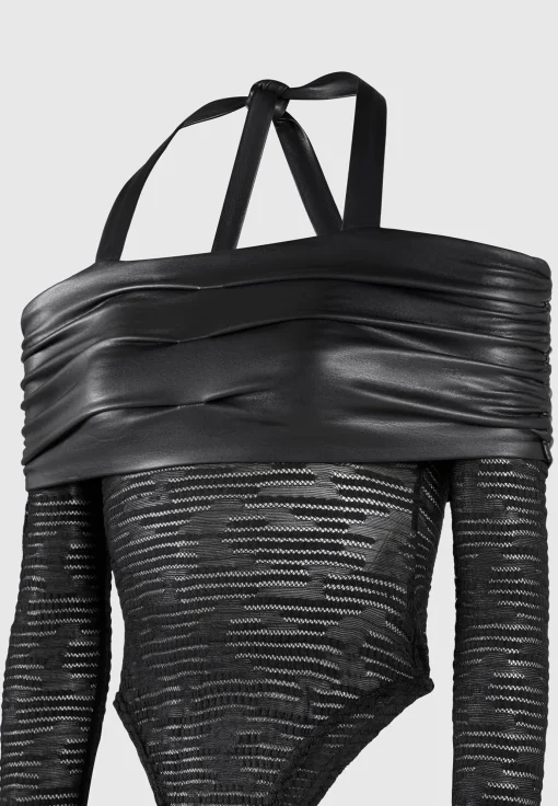 Mesh and Vegan Leather Bardot Bodysuit - Black