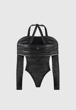 Mesh and Vegan Leather Bardot Bodysuit - Black