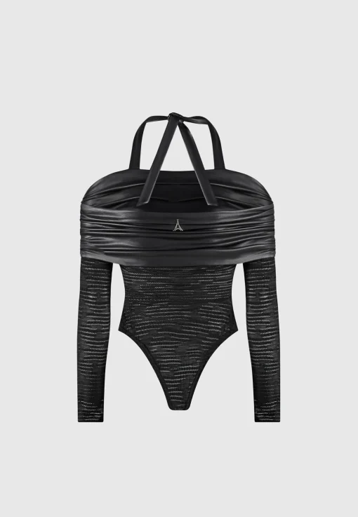 Mesh and Vegan Leather Bardot Bodysuit - Black