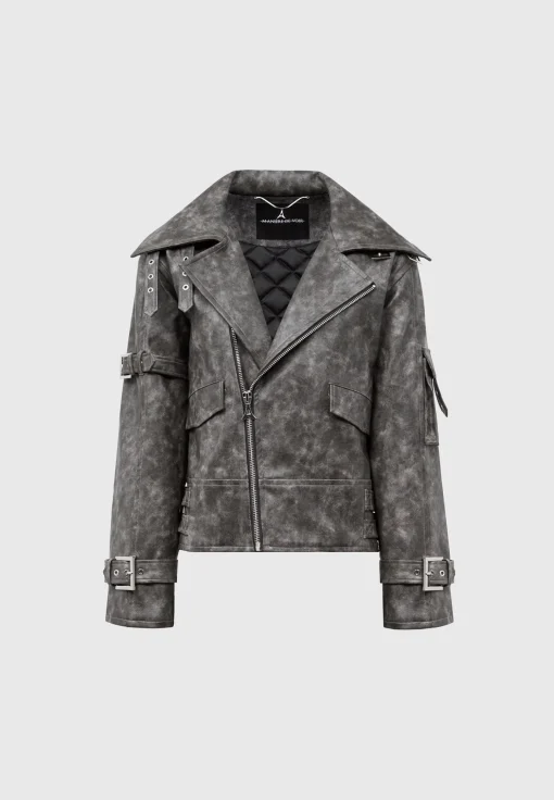 Oversized Vintage Vegan Leather Biker Jacket - Grey