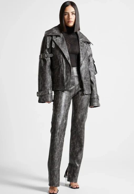 Oversized Vintage Vegan Leather Biker Jacket - Grey