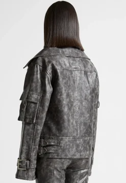 Oversized Vintage Vegan Leather Biker Jacket - Grey