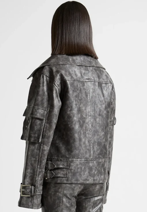 Oversized Vintage Vegan Leather Biker Jacket - Grey