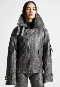 Oversized Vintage Vegan Leather Biker Jacket - Grey