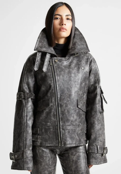 Oversized Vintage Vegan Leather Biker Jacket - Grey