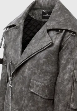 Oversized Vintage Vegan Leather Biker Jacket - Grey
