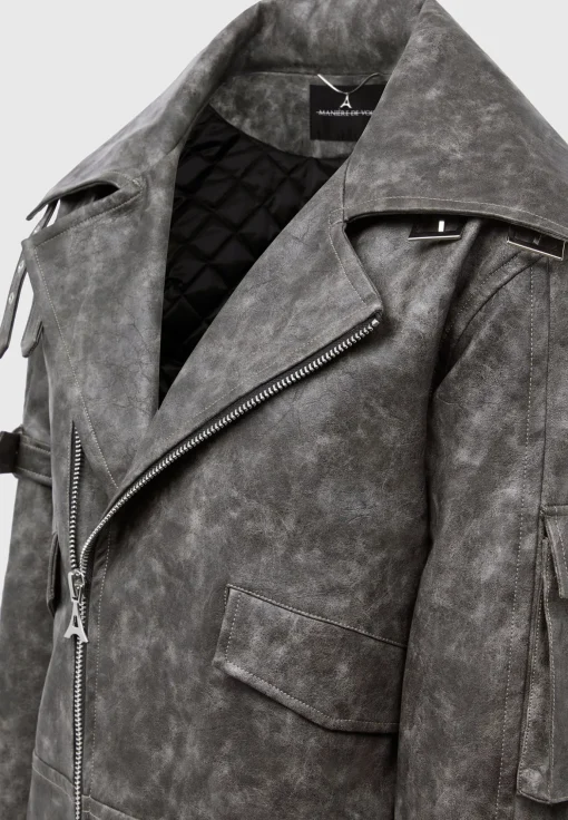 Oversized Vintage Vegan Leather Biker Jacket - Grey