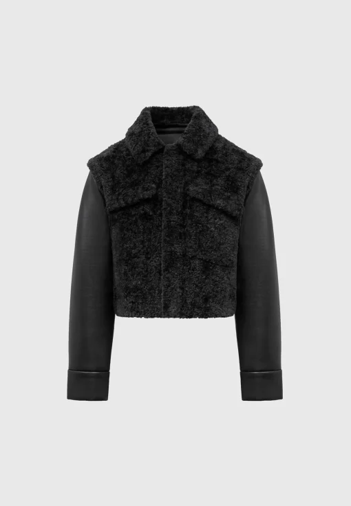 Plush Jacket With Vegan Leather Sleeves - Black