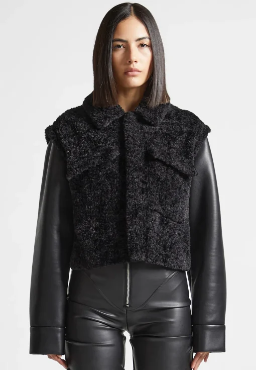 Plush Jacket With Vegan Leather Sleeves - Black