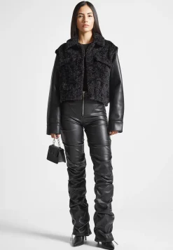 Plush Jacket With Vegan Leather Sleeves - Black