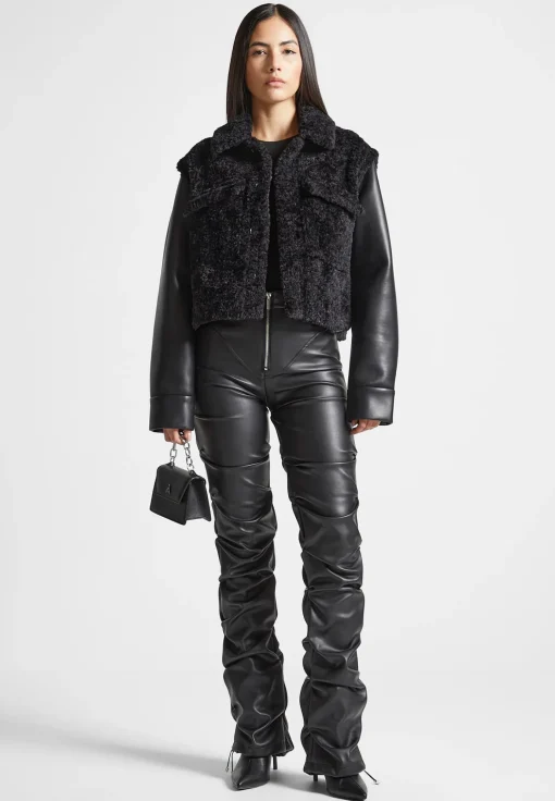 Plush Jacket With Vegan Leather Sleeves - Black
