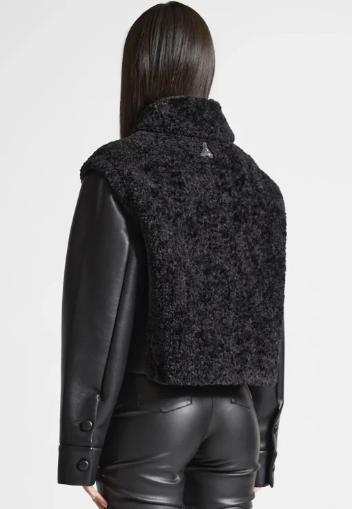 Plush Jacket With Vegan Leather Sleeves - Black