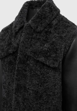 Plush Jacket With Vegan Leather Sleeves - Black