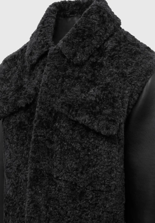 Plush Jacket With Vegan Leather Sleeves - Black