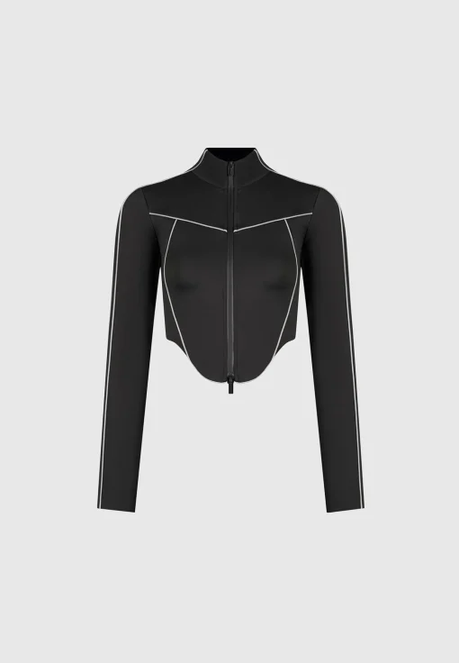 Reflective Piped Long Sleeve Corset Jacket - Black