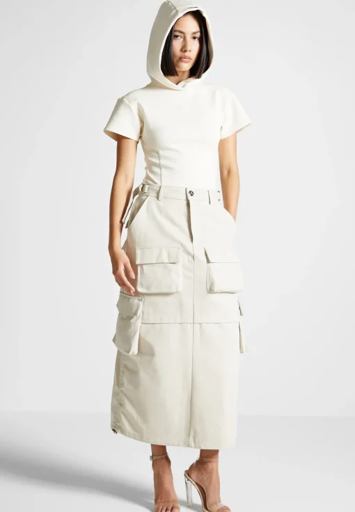 Short Sleeve Bodysuit with Hood - Beige