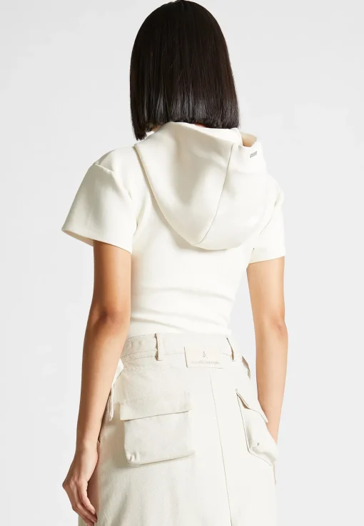Short Sleeve Bodysuit with Hood - Beige