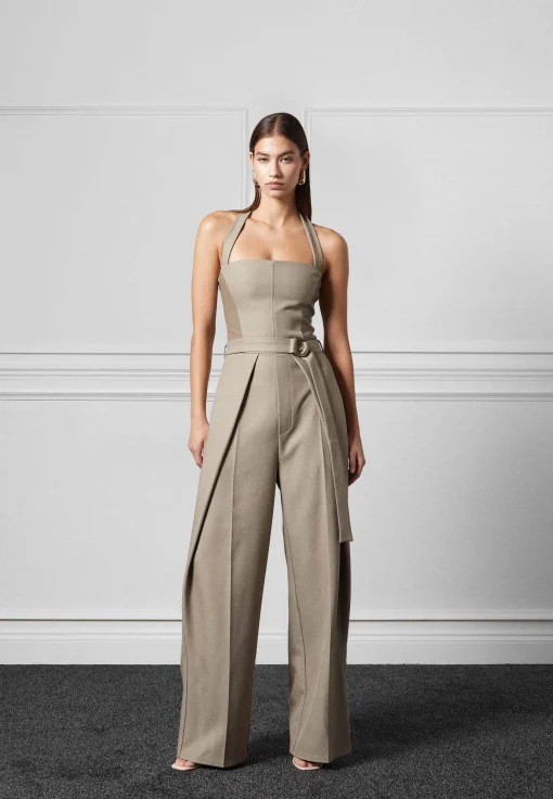 Tailored Pleat Jumpsuit with Belt - Beige