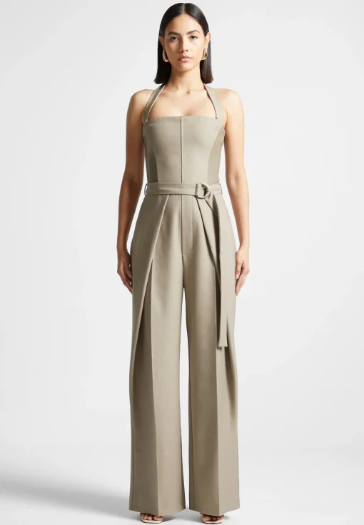 Tailored Pleat Jumpsuit with Belt - Beige