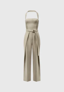 Tailored Pleat Jumpsuit with Belt - Beige