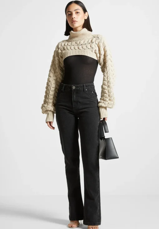 Turtleneck Cable Knit Arm Warmers - Beige