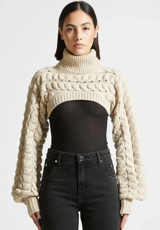 Turtleneck Cable Knit Arm Warmers - Beige