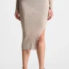 Two-Tone Ribbed Knit Midi Skirt with Belt - Beige