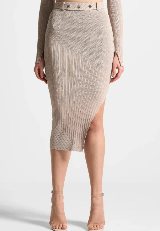 Two-Tone Ribbed Knit Midi Skirt with Belt - Beige