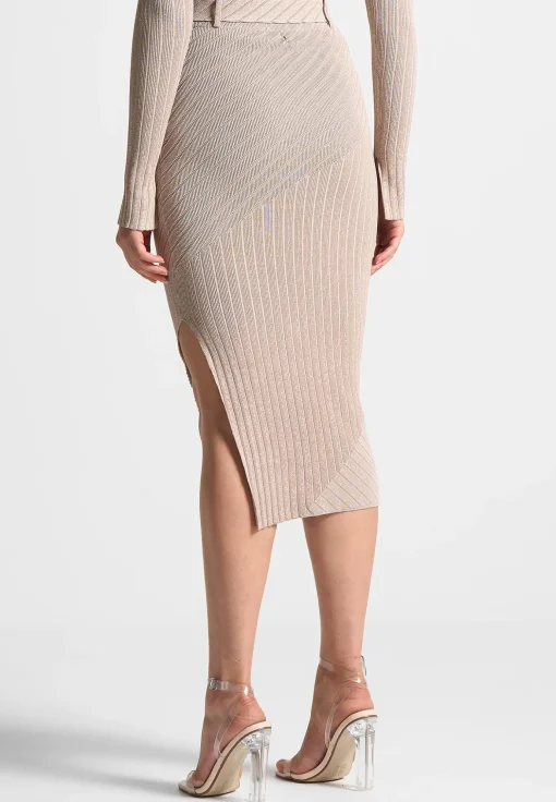 Two-Tone Ribbed Knit Midi Skirt with Belt - Beige