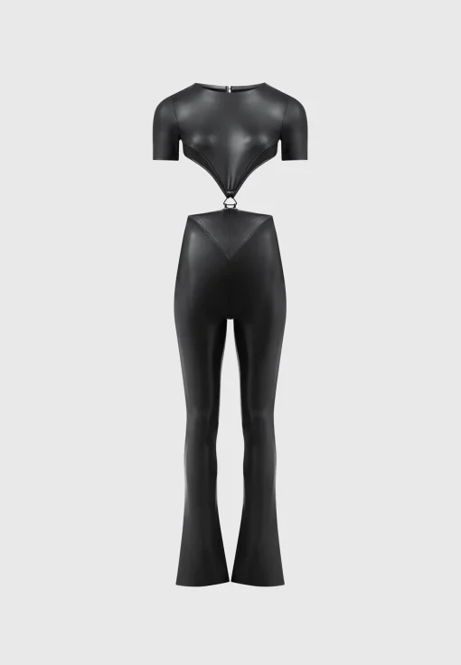 Vegan Leather Backless Jumpsuit - Black