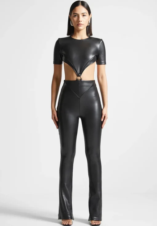 Vegan Leather Backless Jumpsuit - Black
