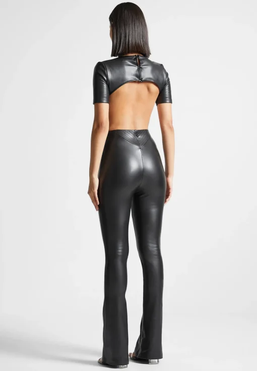 Vegan Leather Backless Jumpsuit - Black