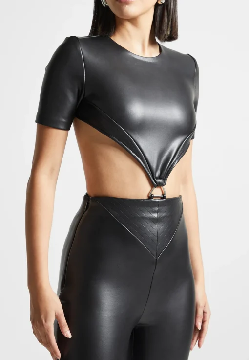 Vegan Leather Backless Jumpsuit - Black