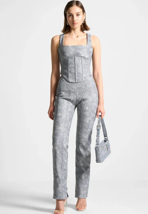 Vegan Leather Denim Effect Corset Top - Blue