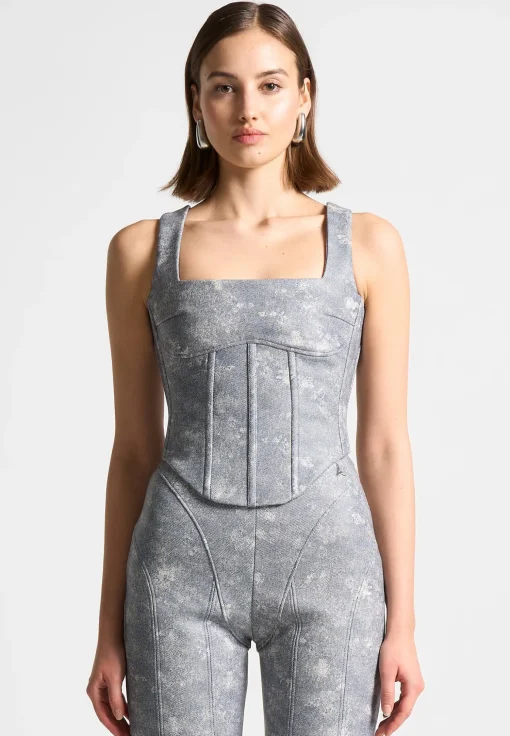 Vegan Leather Denim Effect Corset Top - Blue