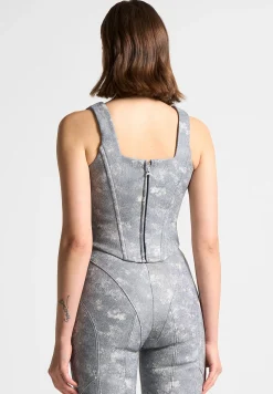 Vegan Leather Denim Effect Corset Top - Blue