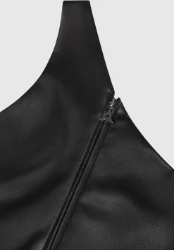Vegan Leather Invisible Strap Top - Black