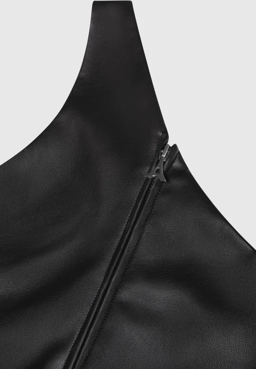 Vegan Leather Invisible Strap Top - Black