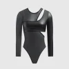 Vegan Leather Overlay Mesh Bodysuit - Black
