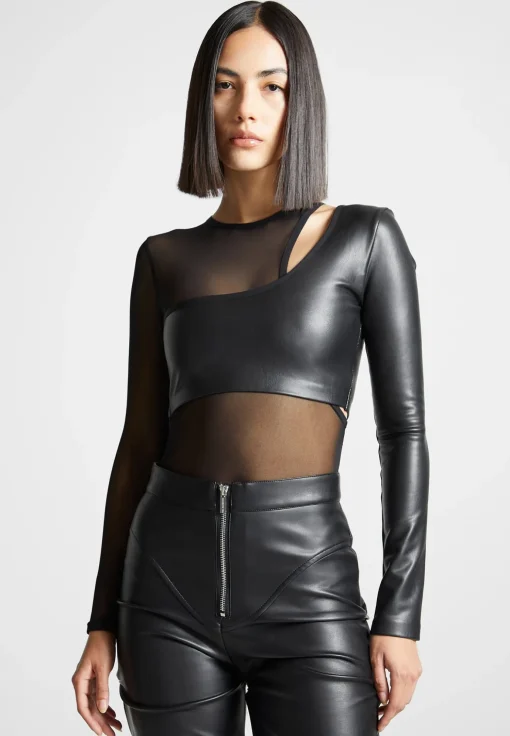 Vegan Leather Overlay Mesh Bodysuit - Black