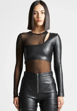 Vegan Leather Overlay Mesh Bodysuit - Black