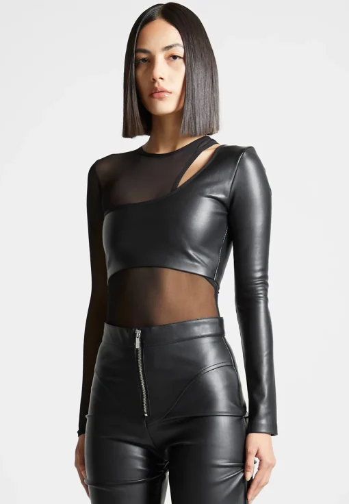 Vegan Leather Overlay Mesh Bodysuit - Black