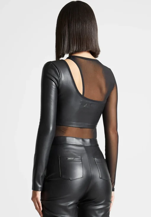 Vegan Leather Overlay Mesh Bodysuit - Black