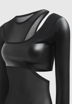 Vegan Leather Overlay Mesh Bodysuit - Black