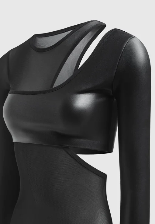 Vegan Leather Overlay Mesh Bodysuit - Black